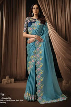 Firozi Slub Silk Saree for Wedding Guest with Pearl Handwork