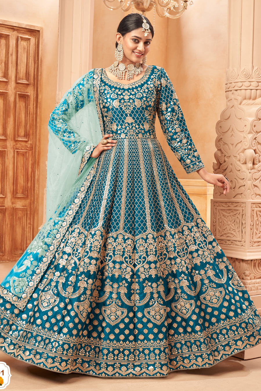 Teal Art Silk Anarkali Pakistani Dresses Traditional With Thread Work