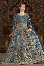 Dark Firozi Net Anarkali Suits for Wedding with Dori and Sequins Embroidery