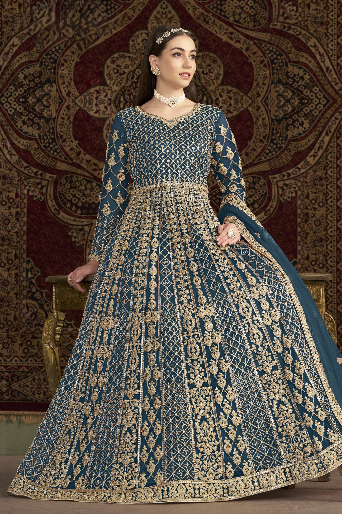Dark Firozi Net Anarkali Suits for Wedding with Dori and Sequins Embroidery