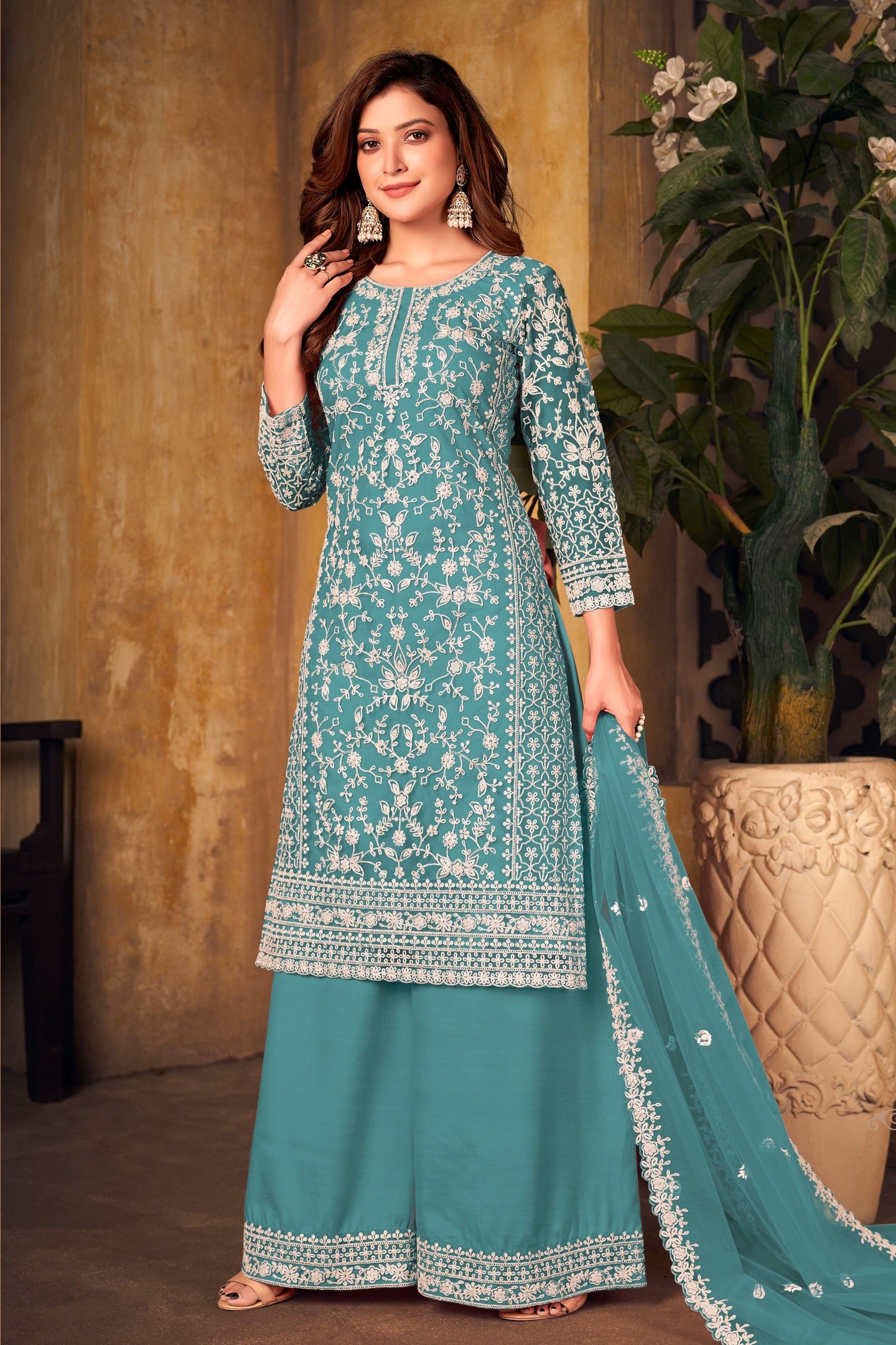 Firozi Net Plazo with Thread Embroidery Sangeet Outfits for Women