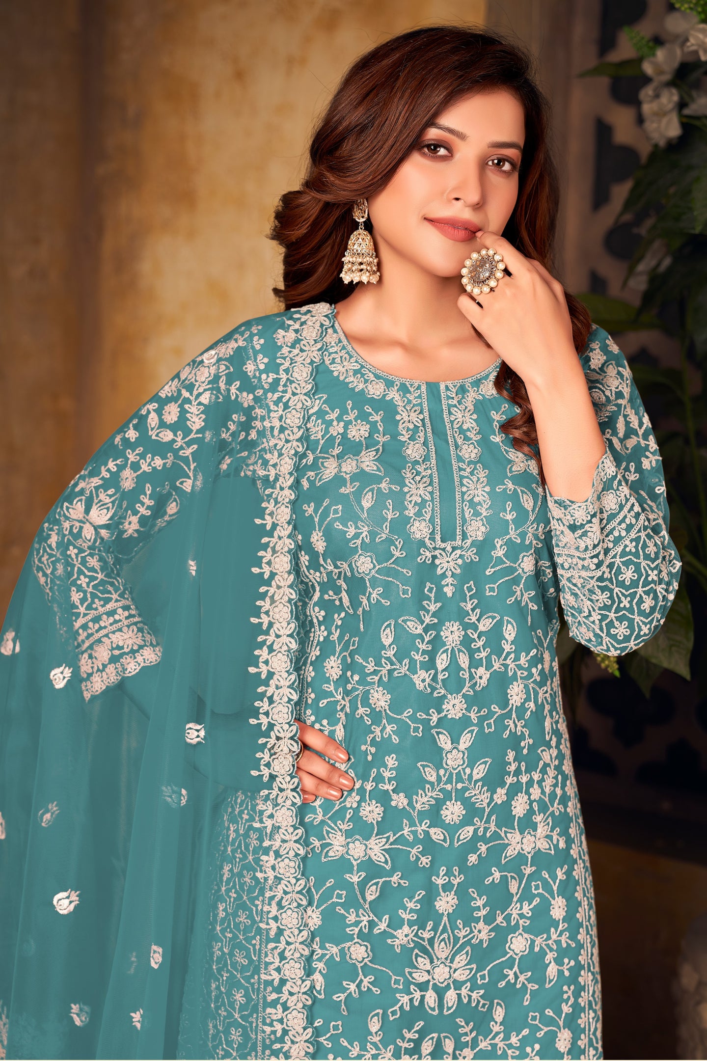 Firozi Net Plazo with Thread Embroidery Sangeet Outfits for Women