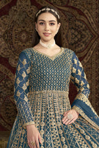 Dark Firozi Net Anarkali Suits for Wedding with Dori and Sequins Embroidery