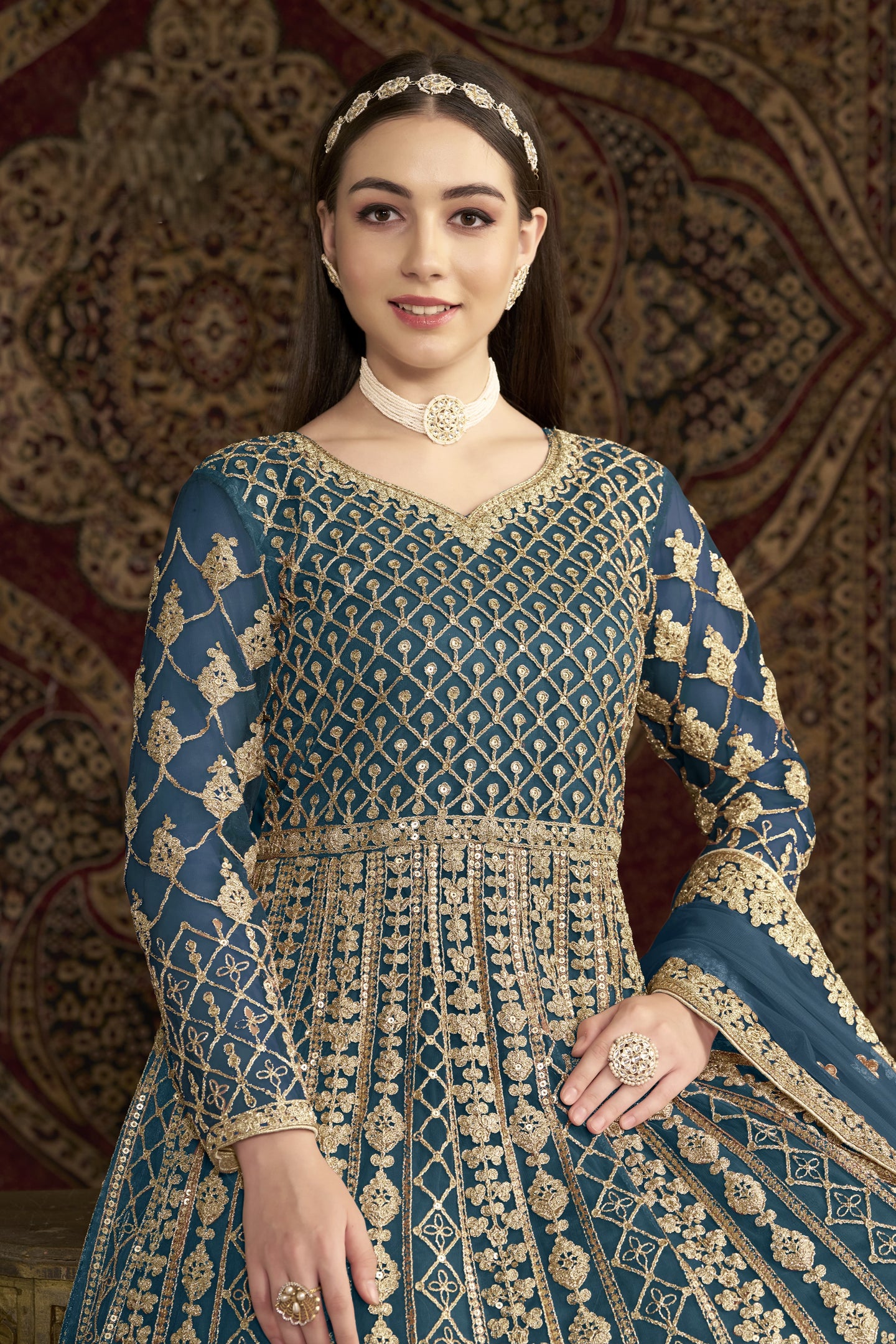 Dark Firozi Net Anarkali Suits for Wedding with Dori and Sequins Embroidery
