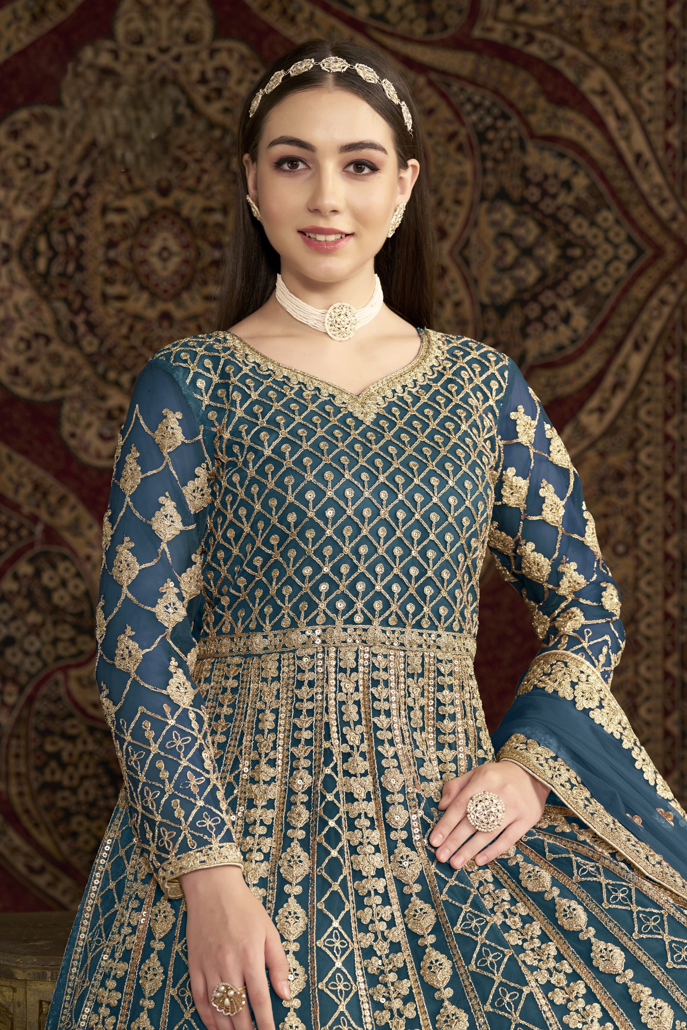 Dark Firozi Net Anarkali Suits for Wedding with Dori and Sequins Embroidery