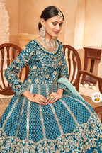 Teal Art Silk Anarkali Pakistani Dresses Traditional With Thread Work