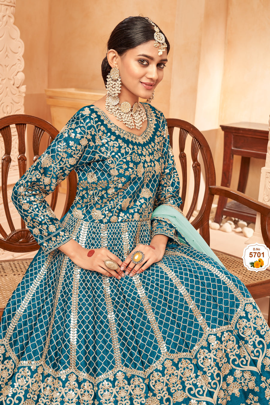 Teal Art Silk Anarkali Pakistani Dresses Traditional With Thread Work