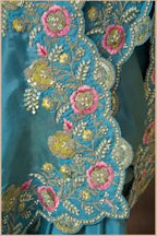 Firozi Slub Silk Saree for Wedding Guest with Pearl Handwork