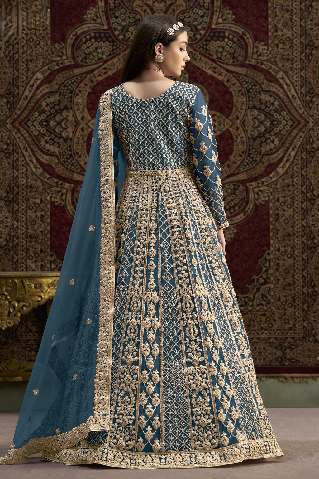 Dark Firozi Net Anarkali Suits for Wedding with Dori and Sequins Embroidery