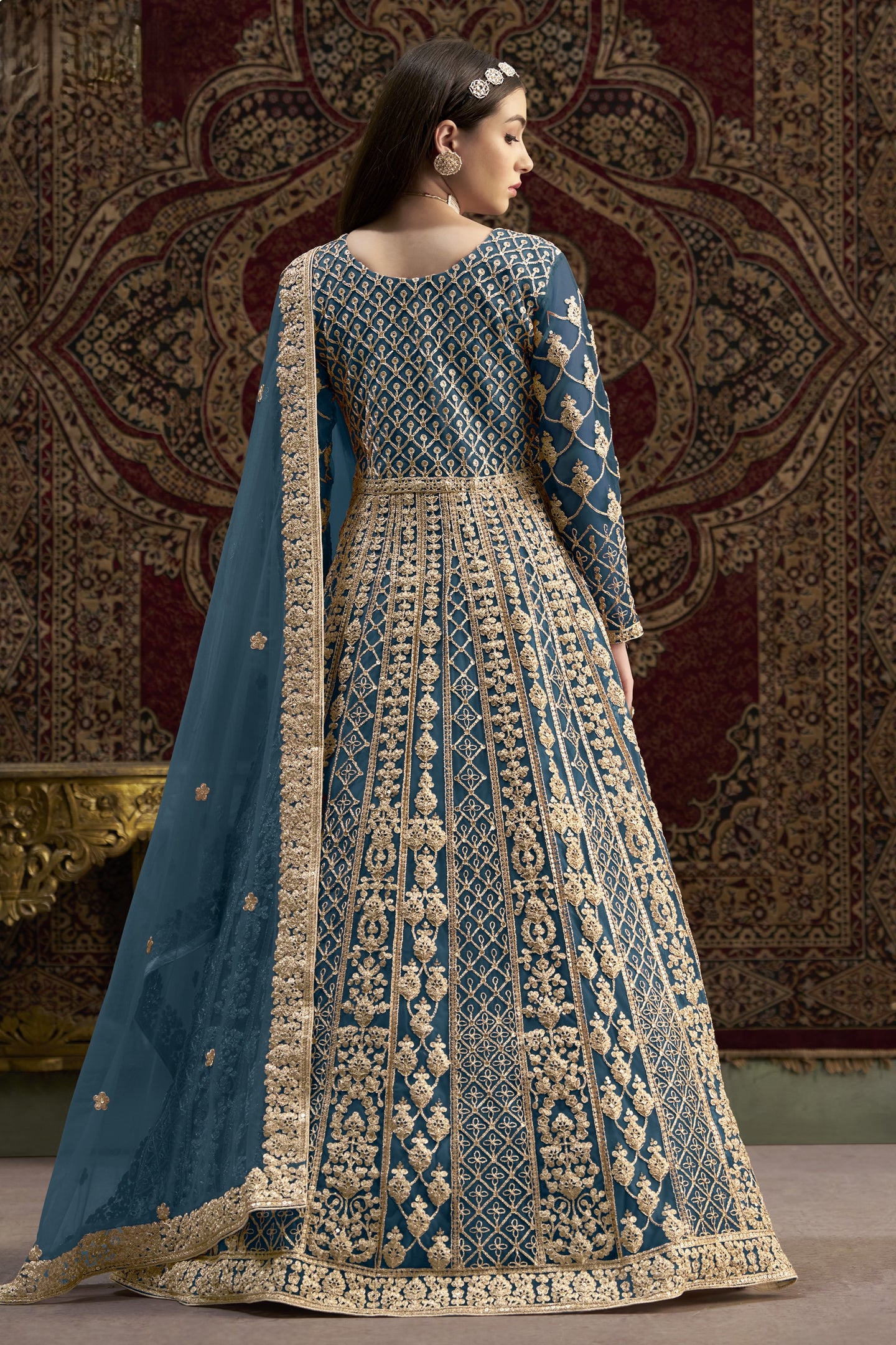 Dark Firozi Net Anarkali Suits for Wedding with Dori and Sequins Embroidery