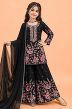 Black indian kidswear girls plazo suit, full front view on model, with pink floral sequins and thread work on chinon silk.