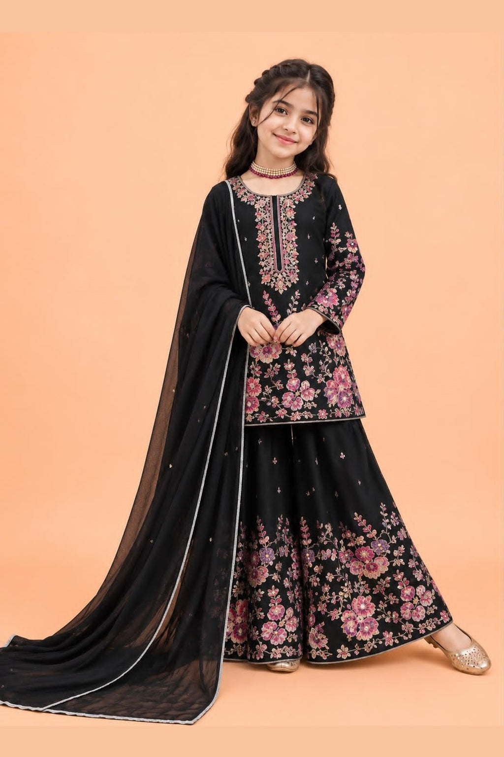 Black ethnic kidswear kameez plazo set for girls, three-quarter front view, showing sequin embroidered neckline on chinon silk.