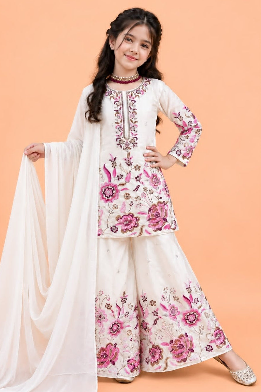 Off White childrens indian outfits girls plazo suit, full front view on model, with pink floral sequins and thread work.