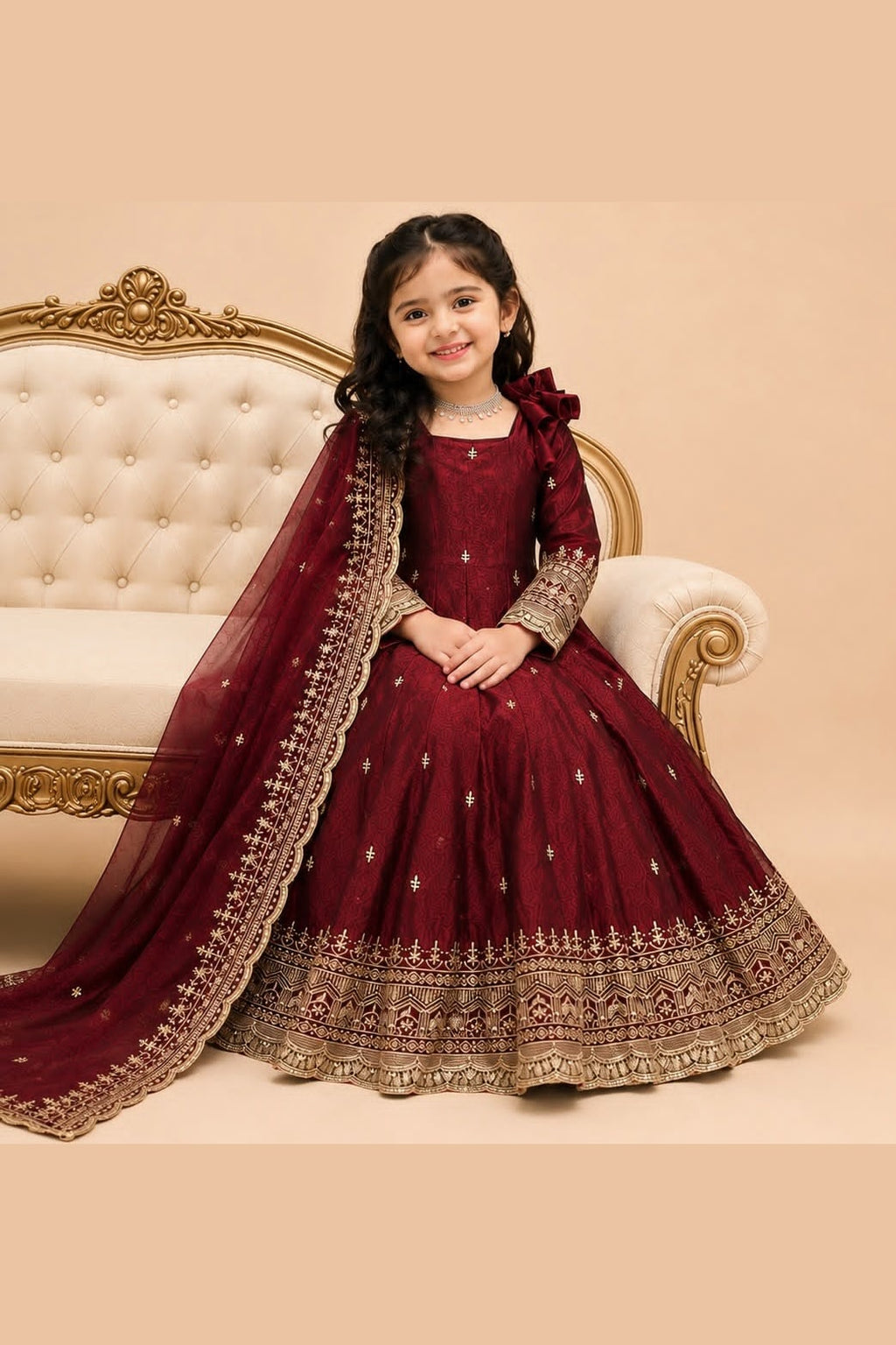 Maroon indian kidswear anarkali on mannequin, three-quarter view showing zari border work.
