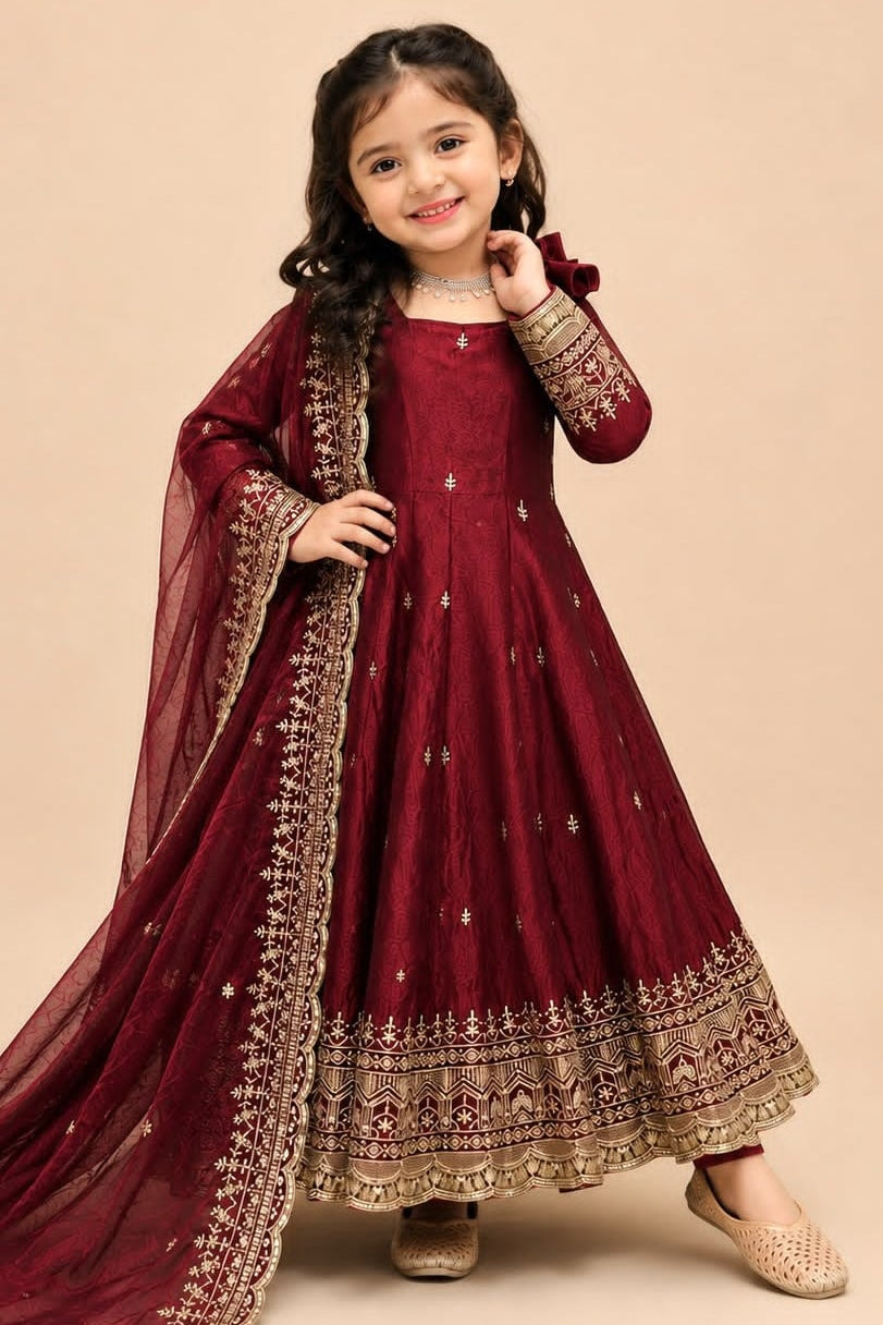 Maroon girls anarkali set flat lay, top view of bodice with sequin and zari floral motifs.