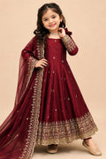 Maroon girls anarkali set flat lay, top view of bodice with sequin and zari floral motifs.