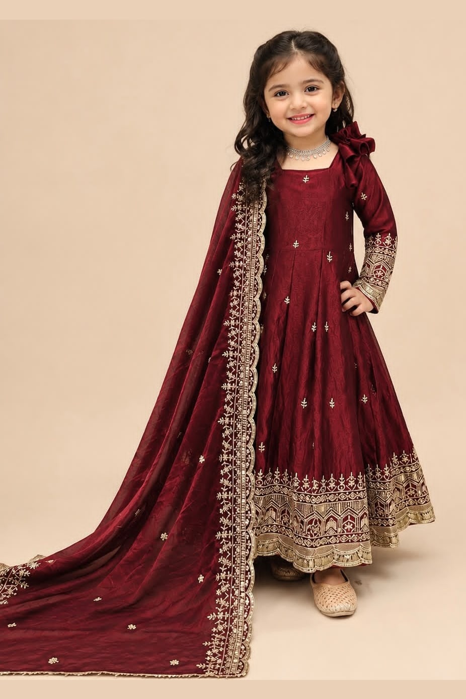 Detail of maroon fendy silk dupatta, zari and sequin border work.