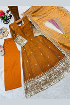 Detail of mustard fendy silk dupatta edge, zari and sequin work border.