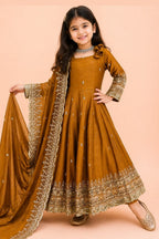 Mustard childrens indian outfits girls anarkali suit, full front view on model, with sequins and zari work.