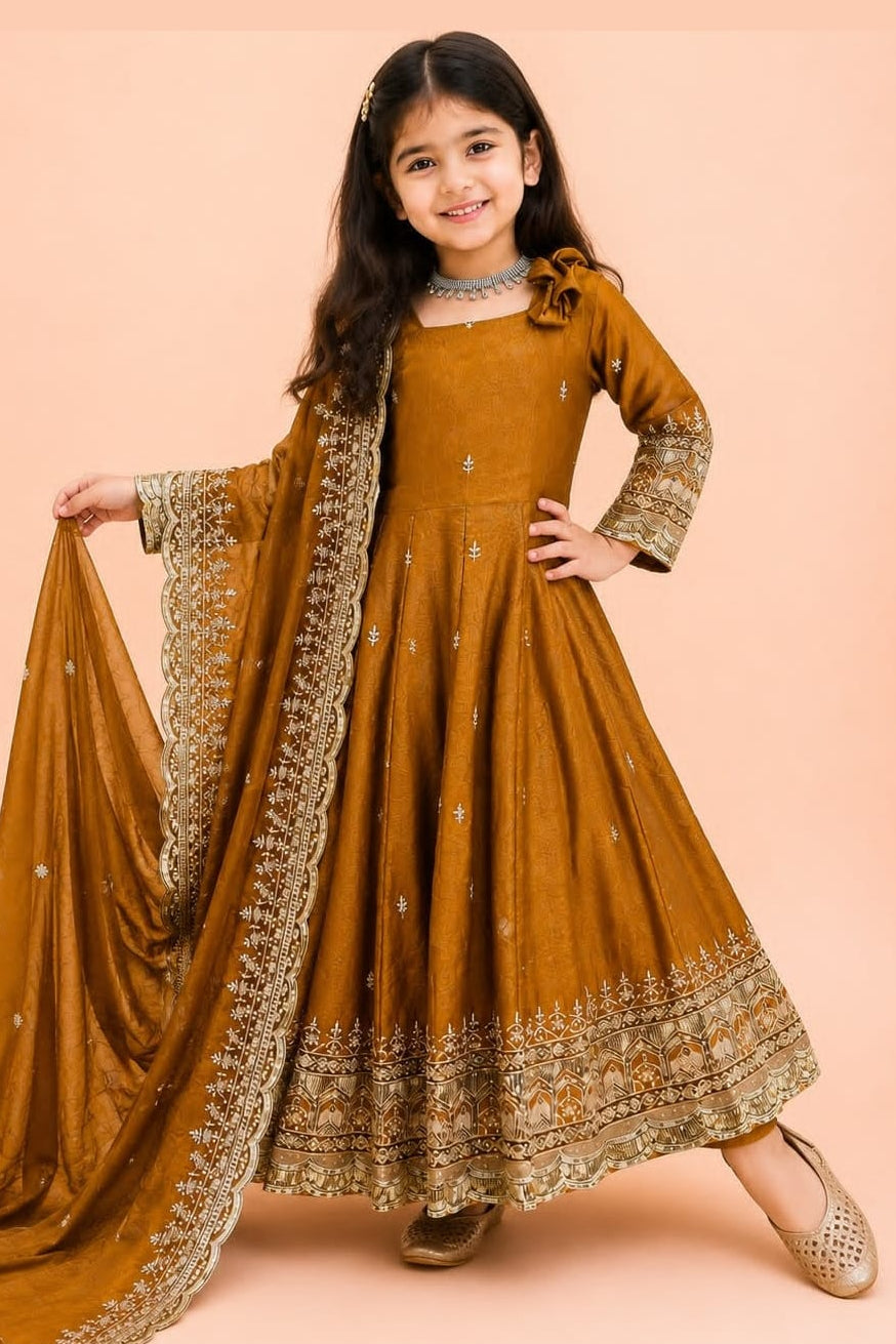 Mustard childrens indian outfits girls anarkali suit, full front view on model, with sequins and zari work.