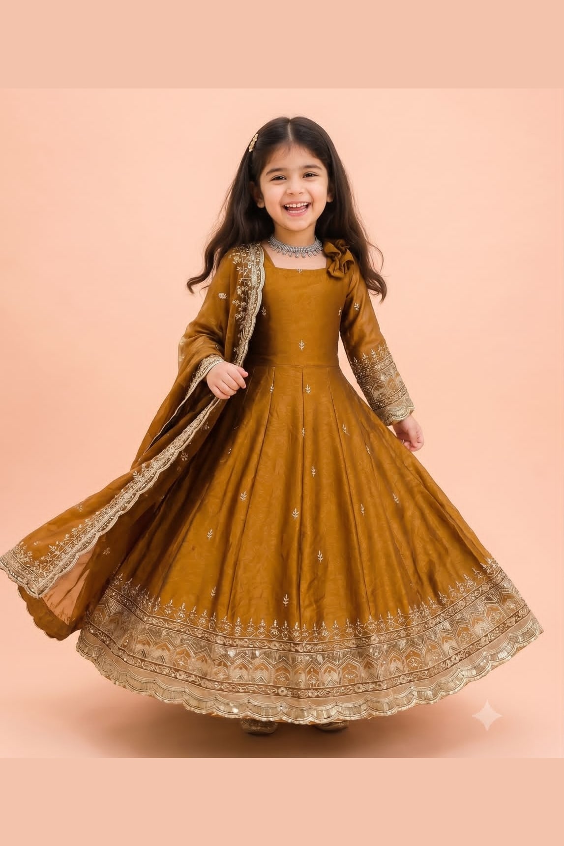 Mustard childrens indian outfit anarkali with cotton pant, full length view with fendy silk dupatta.