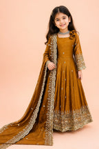Mustard indian kidswear anarkali on mannequin, side view displaying zari border.