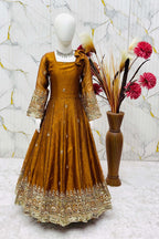 Mustard kids anarkali bodice close-up, floral sequin and zari motifs on fendy silk.