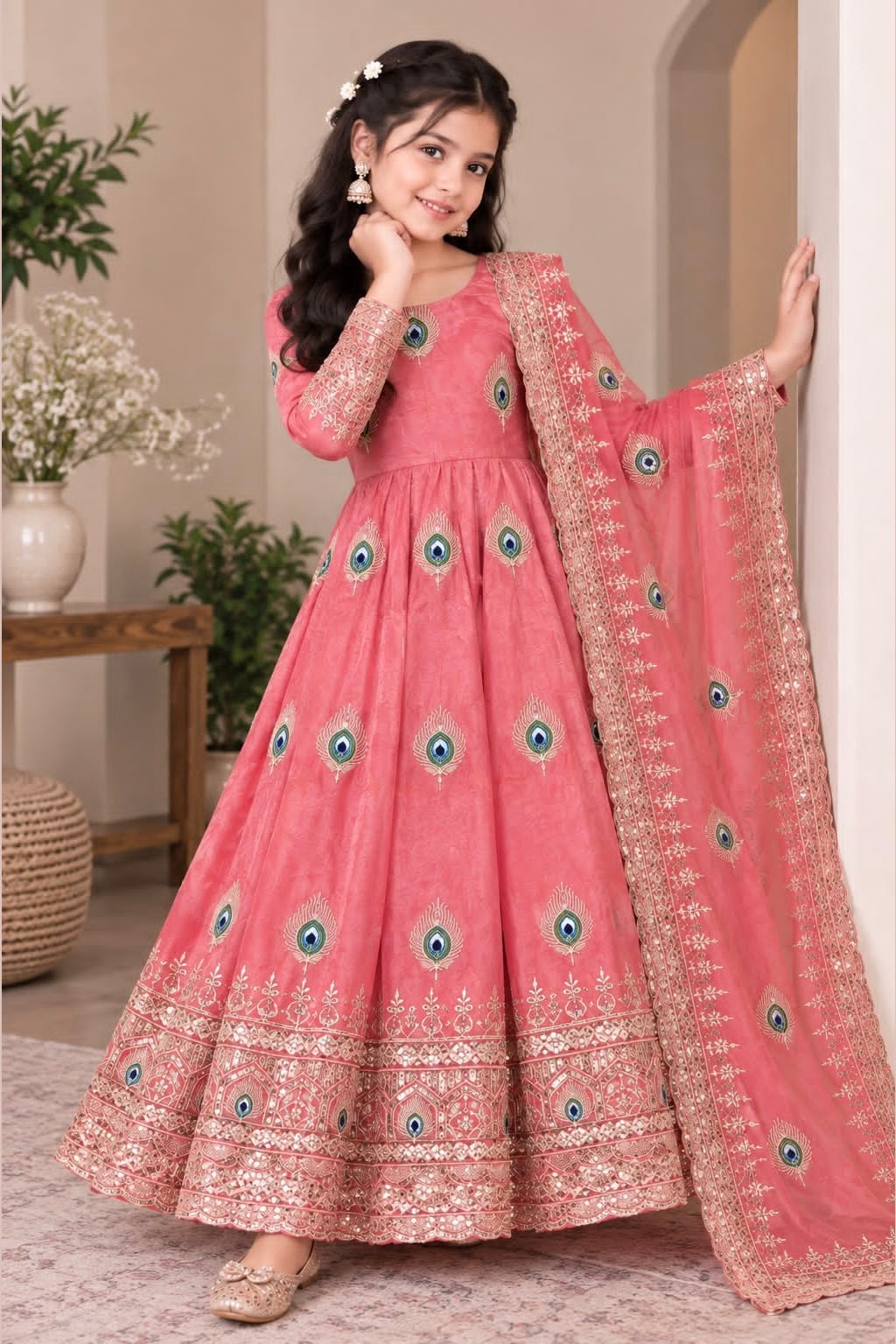 Girl wearing a coral pink indian kidswear anarkali set, close full-length view of the embroidered gown and dupatta.