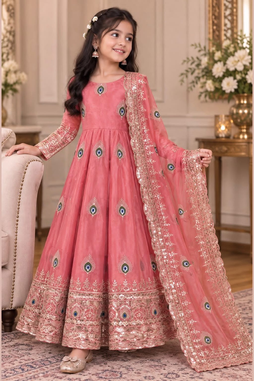 Girl wearing a coral pink ethnic kidswear anarkali set with peacock feather embroidery, full-length front view.