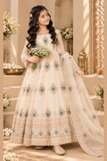 Girl wearing a cream indian kidswear anarkali set with peacock feather embroidery, full-length front view of the embroidered gown.