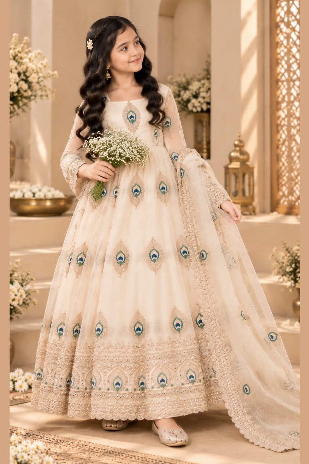 Girl wearing a cream indian kidswear anarkali set with peacock feather embroidery, full-length front view of the embroidered gown.
