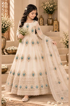 Girl in a cream ethnic kidswear anarkali set holding flowers, full-length front view of the embroidered gown and dupatta.