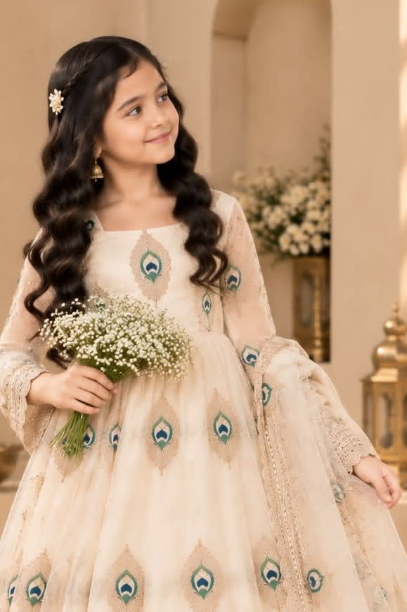 Waist-up close view of a cream childrens indian outfits anarkali top showing the embroidered bodice and full sleeves with zari work.