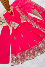Reddish pink childrens indian outfits anarkali set flat lay with cotton pant, complete three-piece view of the outfit.