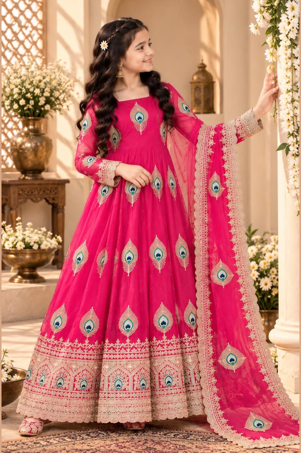 Girl wearing a reddish pink indian kidswear anarkali set with peacock feather embroidery, full-length front view.