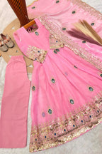 Light pink childrens indian outfits anarkali set flat lay, alternate angle showing the embroidered top and dupatta.