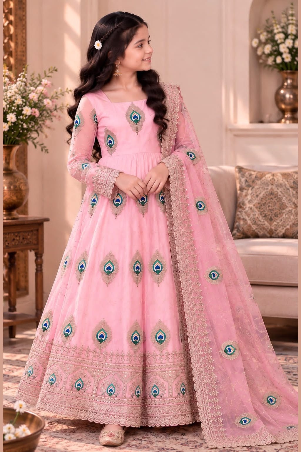Girl wearing a light pink childrens indian outfits anarkali set with peacock feather embroidery, full-length front view.
