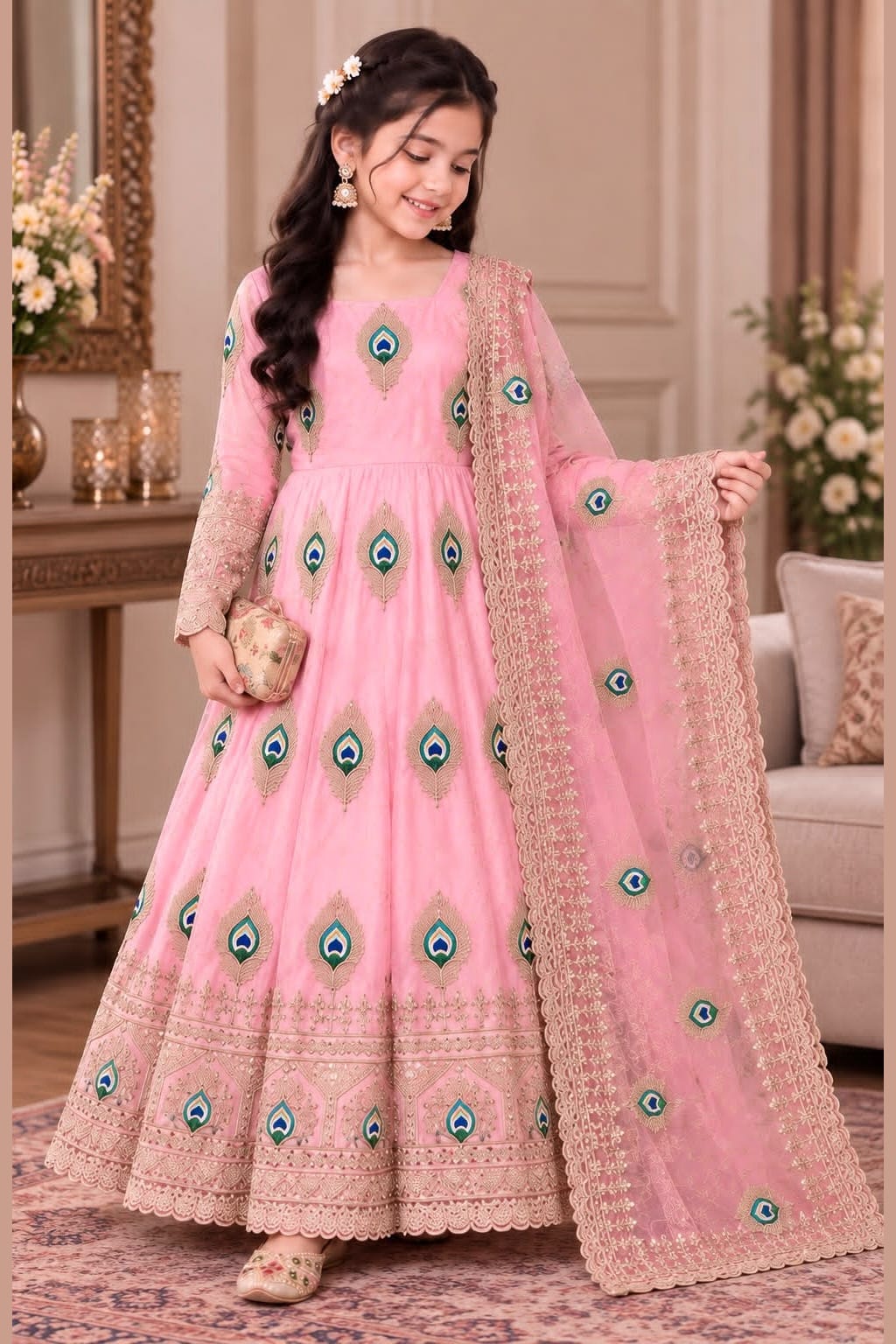 Girl wearing a light pink indian kidswear anarkali set holding a clutch, full-length front view of the embroidered gown.