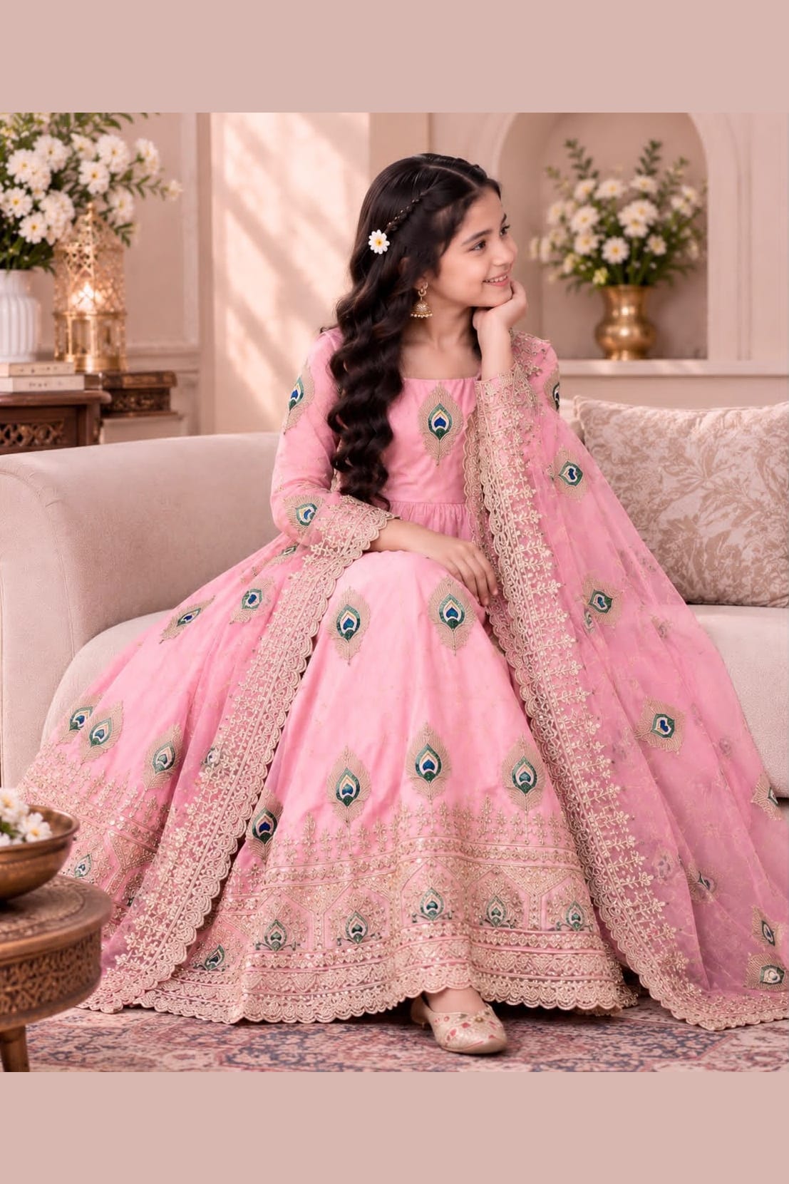 Girl in a light pink childrens indian costume anarkali set seated, showing the full embroidered gown and dupatta.