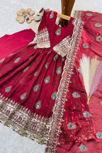 Red indian kidswear girls anarkali set flat lay, alternate angle showing the full embroidered three-piece set.
