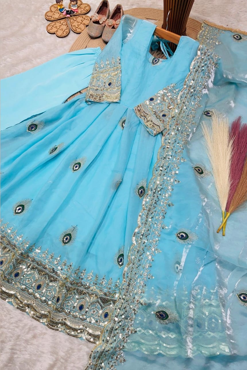 Sky blue ethnic kidswear girls anarkali set flat lay, alternate angle showing the full embroidered three-piece set.