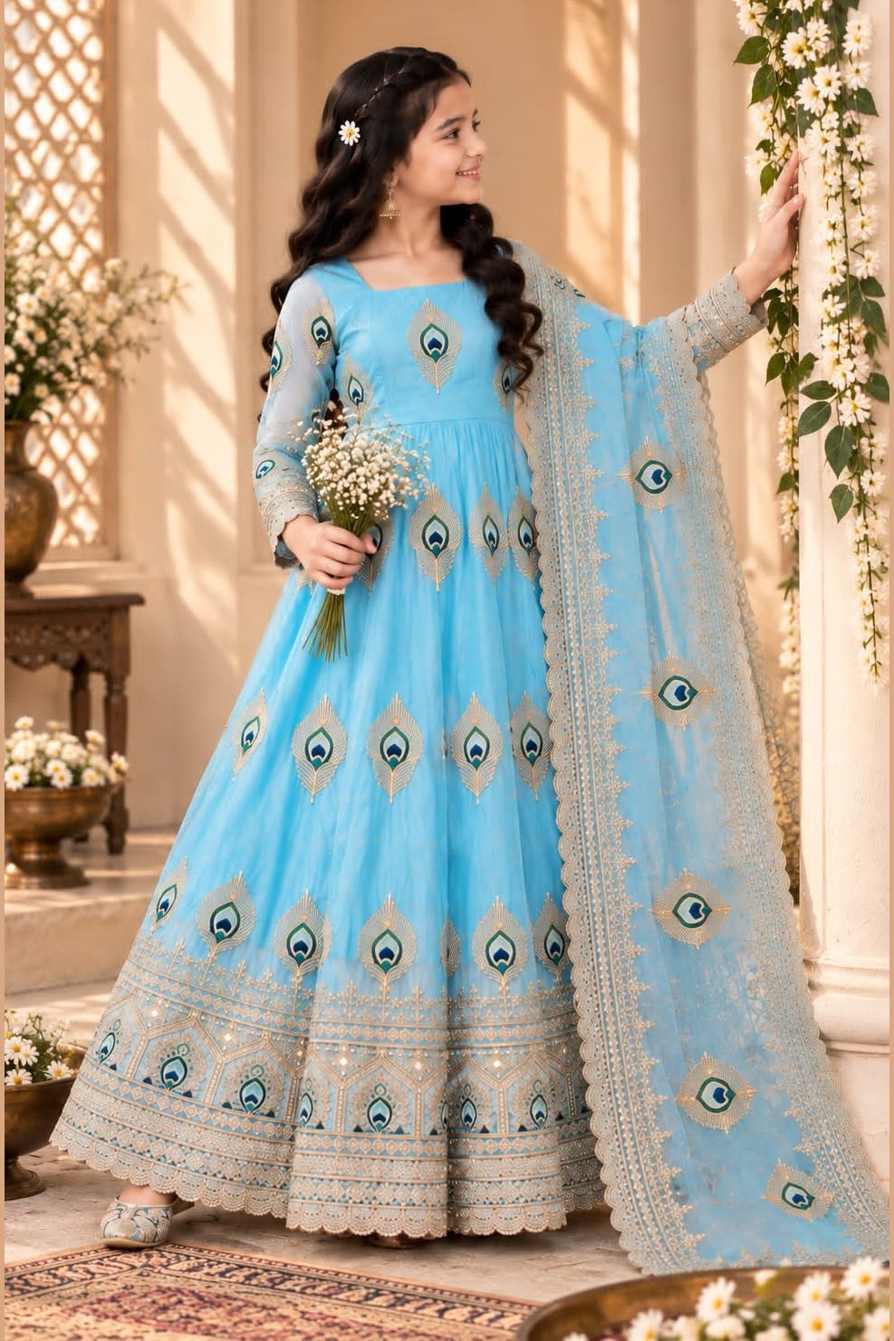 Girl wearing a sky blue childrens indian costume anarkali set holding flowers, full-length front view of the gown.