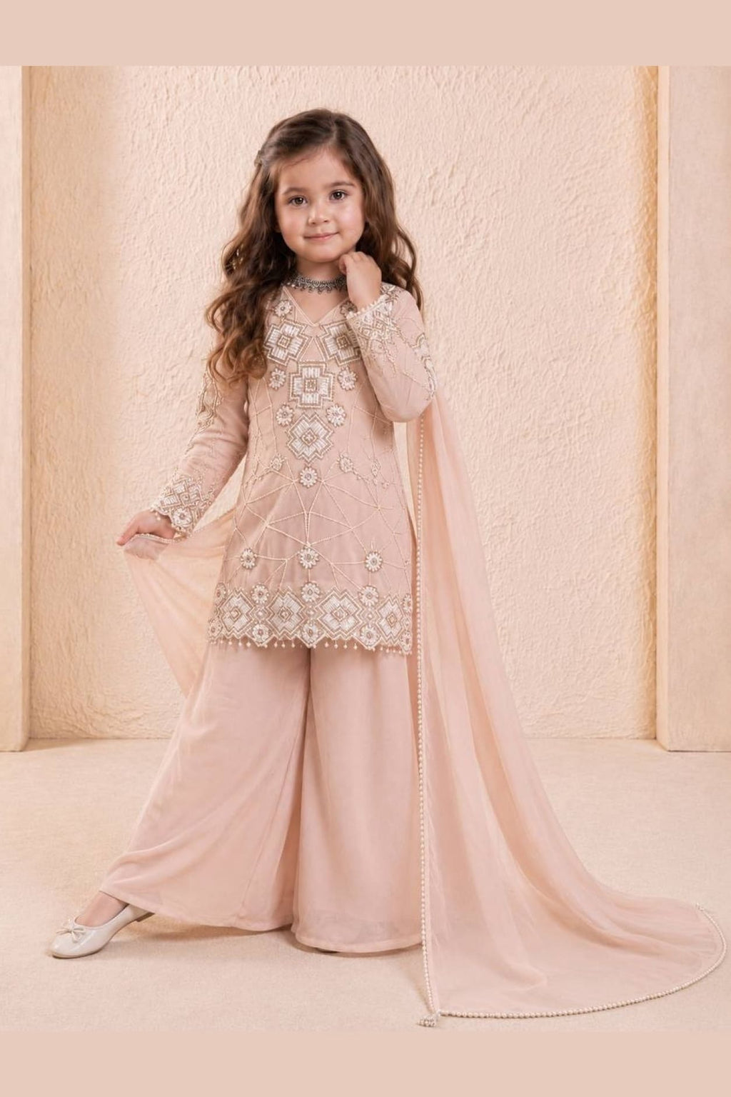 Peach ethnic kidswear kurta on mannequin, front view with draped georgette dupatta.