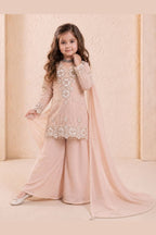 Peach ethnic kidswear kurta on mannequin, front view with draped georgette dupatta.