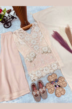 Peach childrens indian outfit kurta with palazzo, full length view with georgette dupatta.