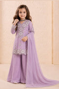 Light purple childrens indian outfits girls kurta set, full front view on model, sequins and thread work on georgette.
