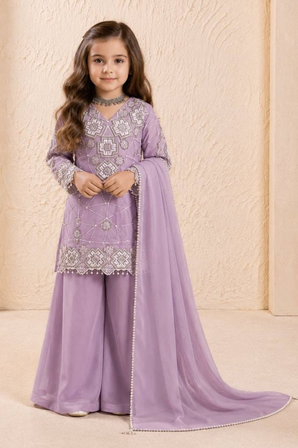 Light purple childrens indian outfit kurta with palazzo, full length view with georgette dupatta.