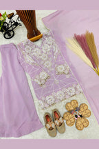 Light purple ethnic kidswear kurta on mannequin, front view with draped georgette dupatta.