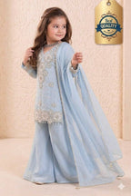 Light blue indian kidswear kurta with palazzo and georgette dupatta, full length view on model.