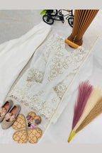 White girls kurta palazzo suit on model, side view displaying sequin and thread work on georgette.